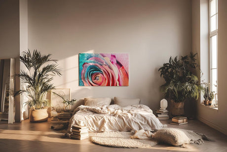 Sinus Art Wandbild 120x80cm Intensive Nahaufnahme einer vielfarbigen Rose mit einzigartiger Blattstruktur