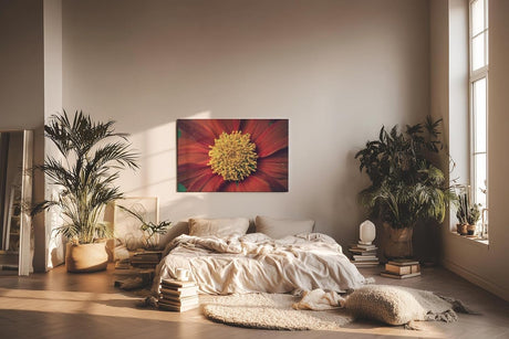 Sinus Art Wandbild 120x80cm Großaufnahme einer roten Blüte mit leuchtend gelbem Zentrum – naturstark und markant