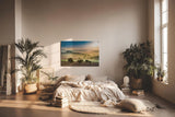 Sinus Art Wandbild 120x80cm Sanfte Hügel mit Olivenbäumen und Zypressen im Dunst des Sonnenaufgangs