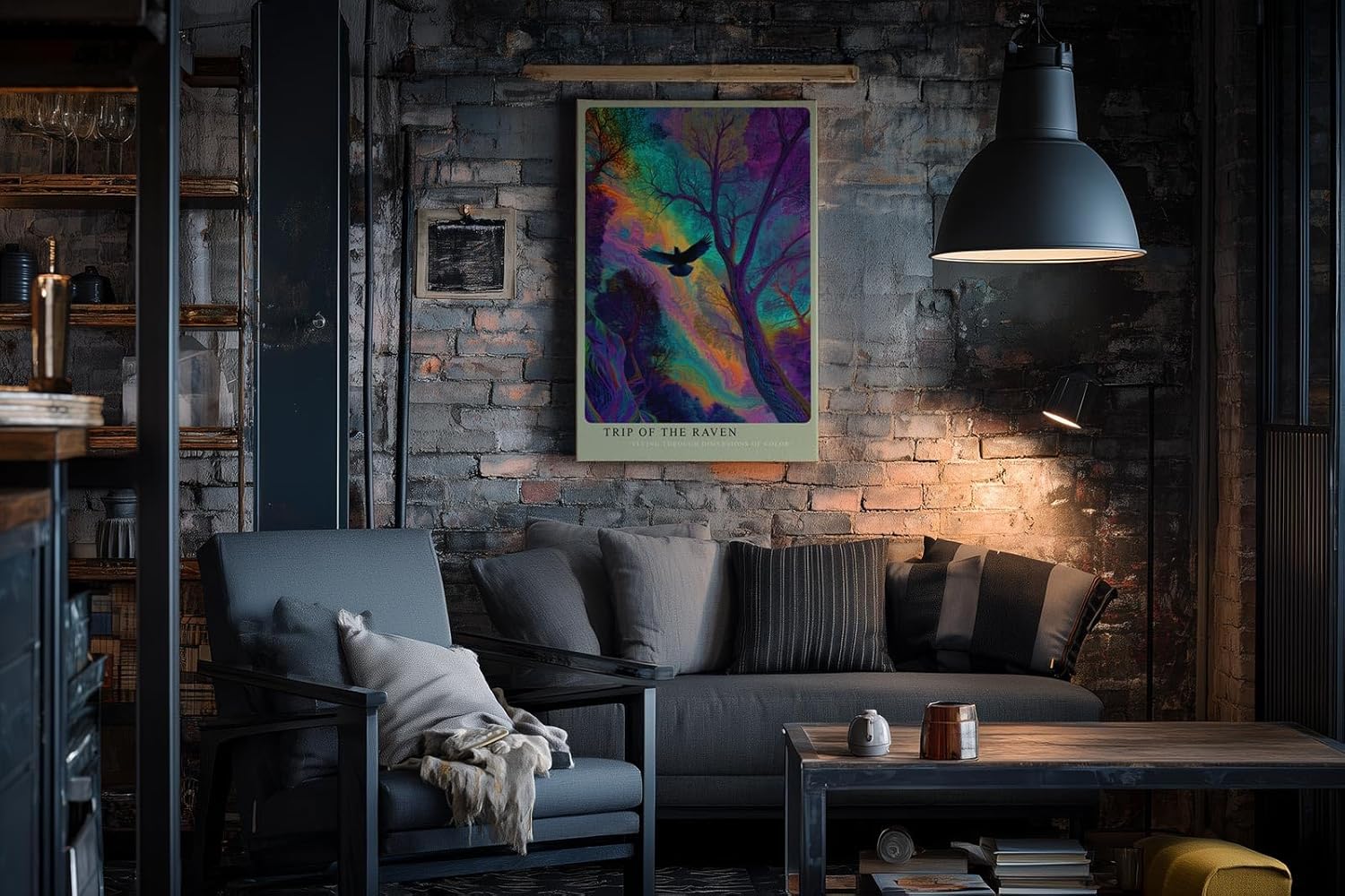 Paul Sinus Wandbild in 40x60cm Mystischer Rabe im farbintensiven Wald – surreales Kunstwerk mit leuchtenden Regenbogenfarben