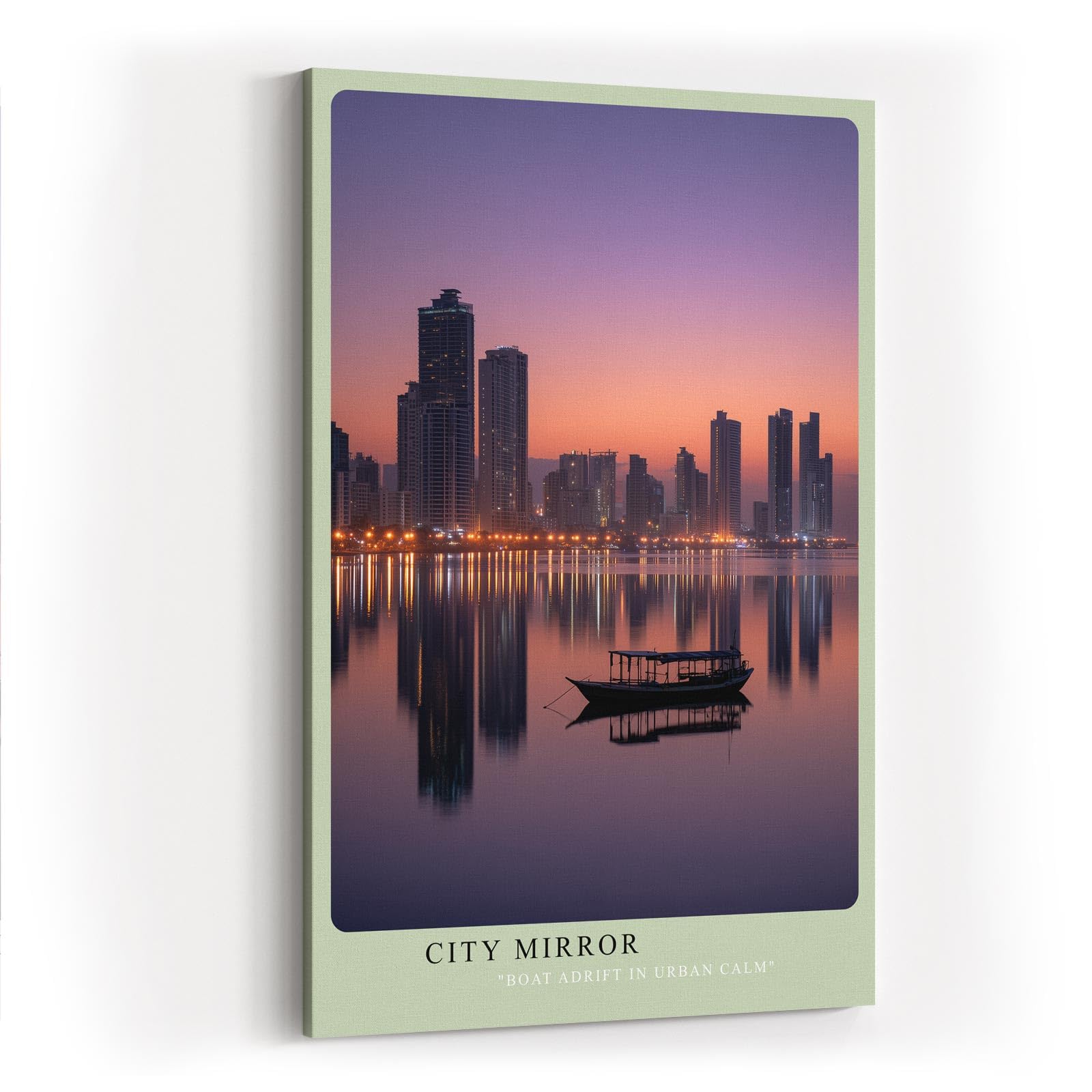 Paul Sinus Wandbild in 40x60cm City Mirror mit ruhiger Stadtsilhouette und Boot im Abendlicht für moderne Wandgestaltung