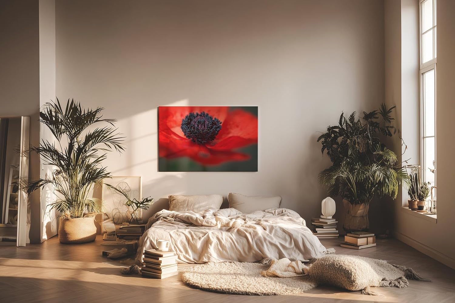 Sinus Art Wandbild 120x80cm Starke Nahaufnahme einer offenen roten Mohnblüte mit Fokus auf das tiefschwarze Zentrum