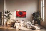 Sinus Art Wandbild 120x80cm Starke Nahaufnahme einer offenen roten Mohnblüte mit Fokus auf das tiefschwarze Zentrum