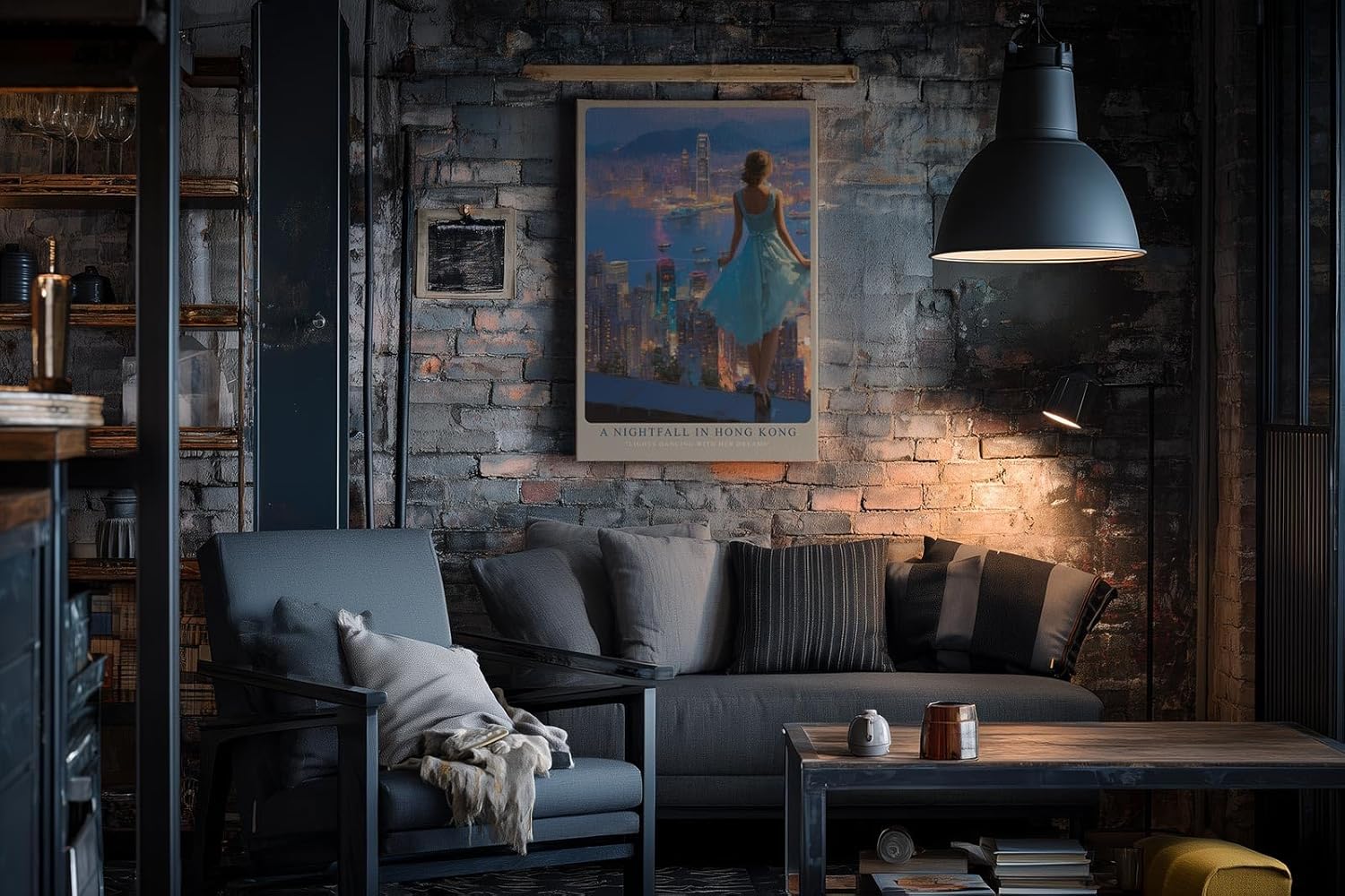 Paul Sinus Wandbild in 40x60cm A Nightfall in Hong Kong – Blick auf die funkelnde Skyline bei Nacht, elegante Frau im blauen Kleid, romantisches Stadtmotiv
