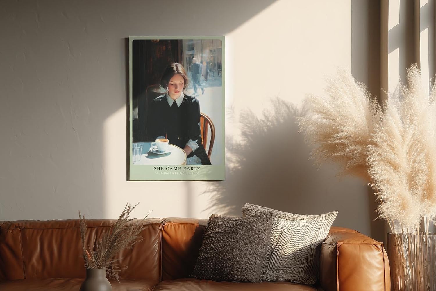 Paul Sinus Wandbild in 40x60cm She Came Early – Zartes Porträt einer Frau am Café-Tisch in Paris, nachdenklich auf ihre Tasse Kaffee blickend, moderne Bilder mit sanften Farbtönen