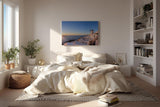 Sinus Art Wandbild 120x80cm Weiße Häuser und Windmühlen über dem Meer im goldenen Abendlicht