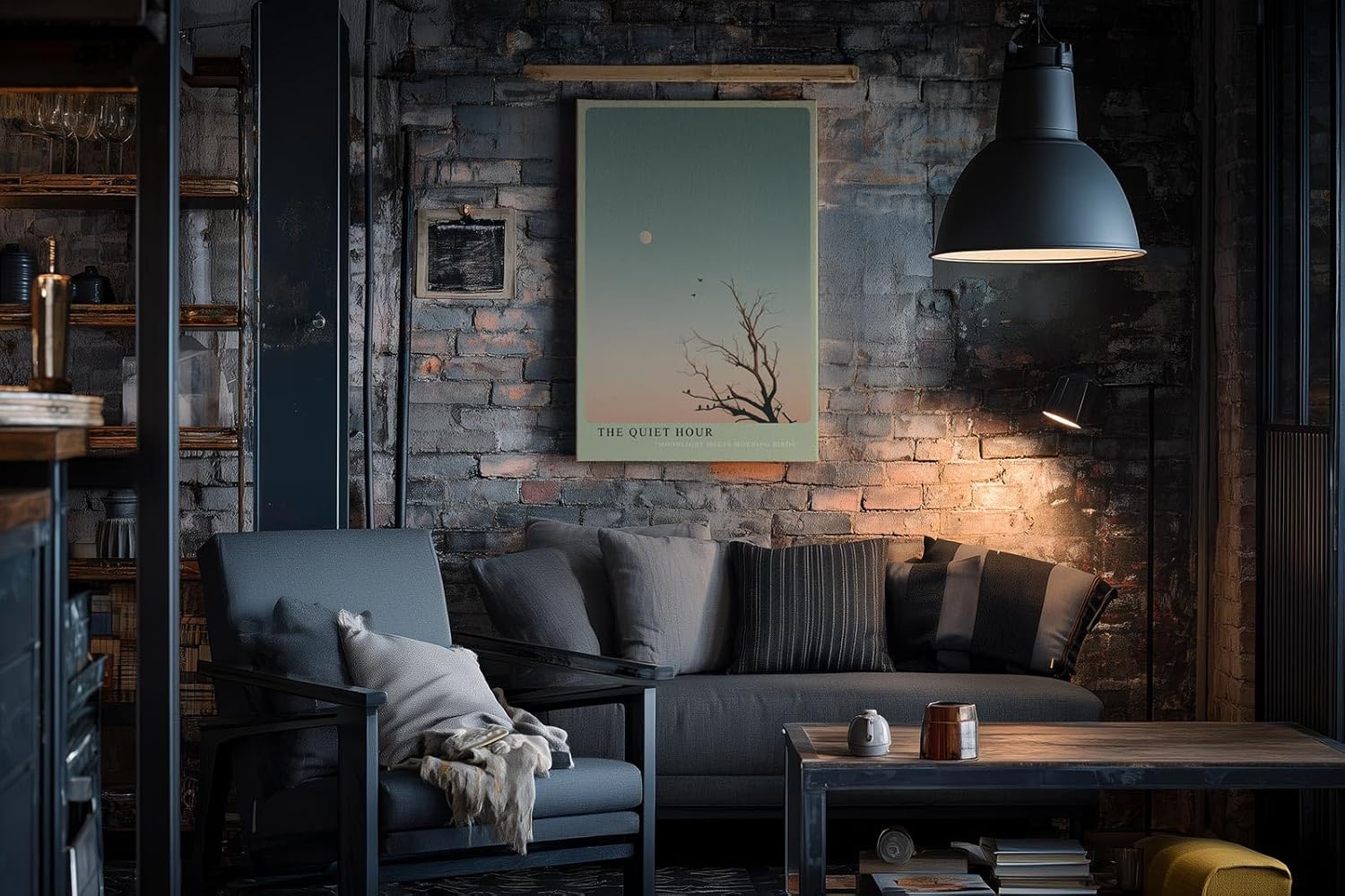 Paul Sinus Wandbild in 40x60cm The Quiet Hour Minimalistische Landschaft mit Baum, Vögeln und Mond im sanften Farbverlauf von Blau zu Rosa