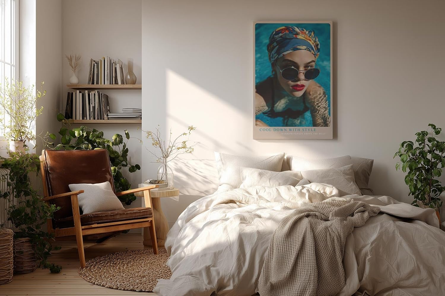 Paul Sinus Wandbild in 40x60cm Cool Down With Style Elegant Woman in Blue Headscarf and Sunglasses in Pool Water