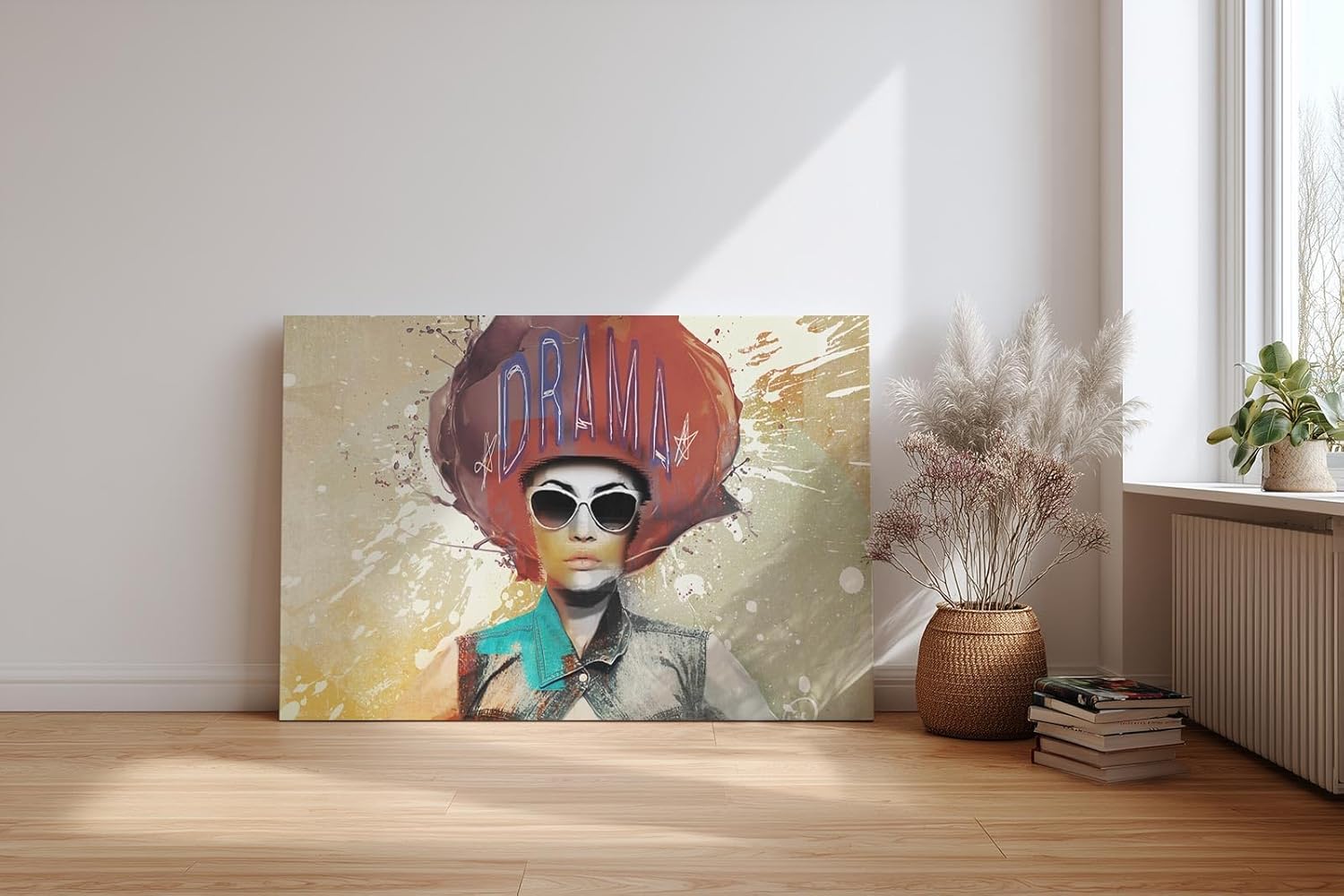 Sinus Art Wandbild 120x80cm Ausdrucksstarke Darstellung einer Frau mit auffälliger Typografie und Farbspritzern