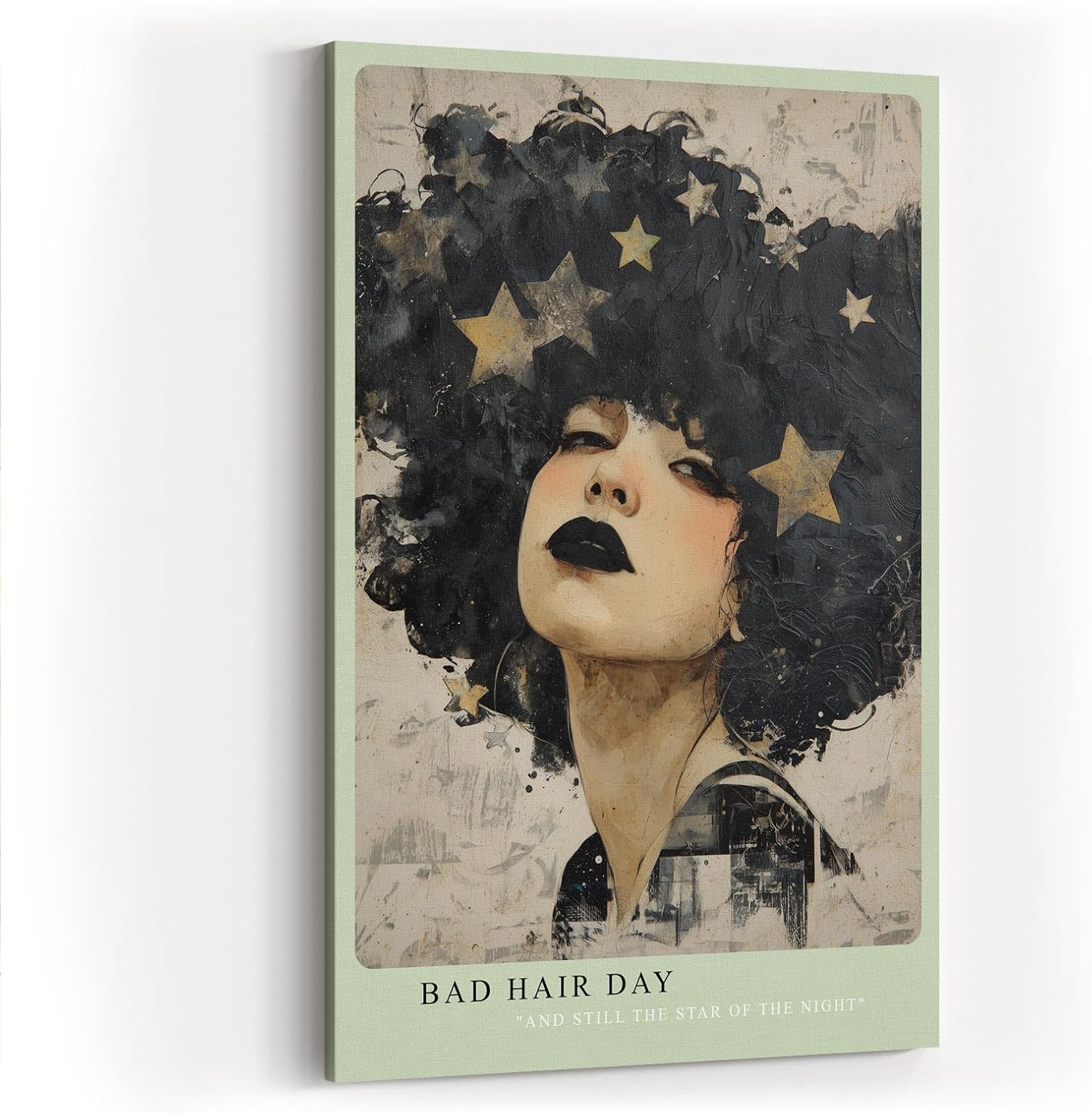 Paul Sinus Wandbild in 40x60cm Bad Hair Day ausdrucksstarkes Porträt einer Frau mit schwarzem Afro und goldenen Sternen