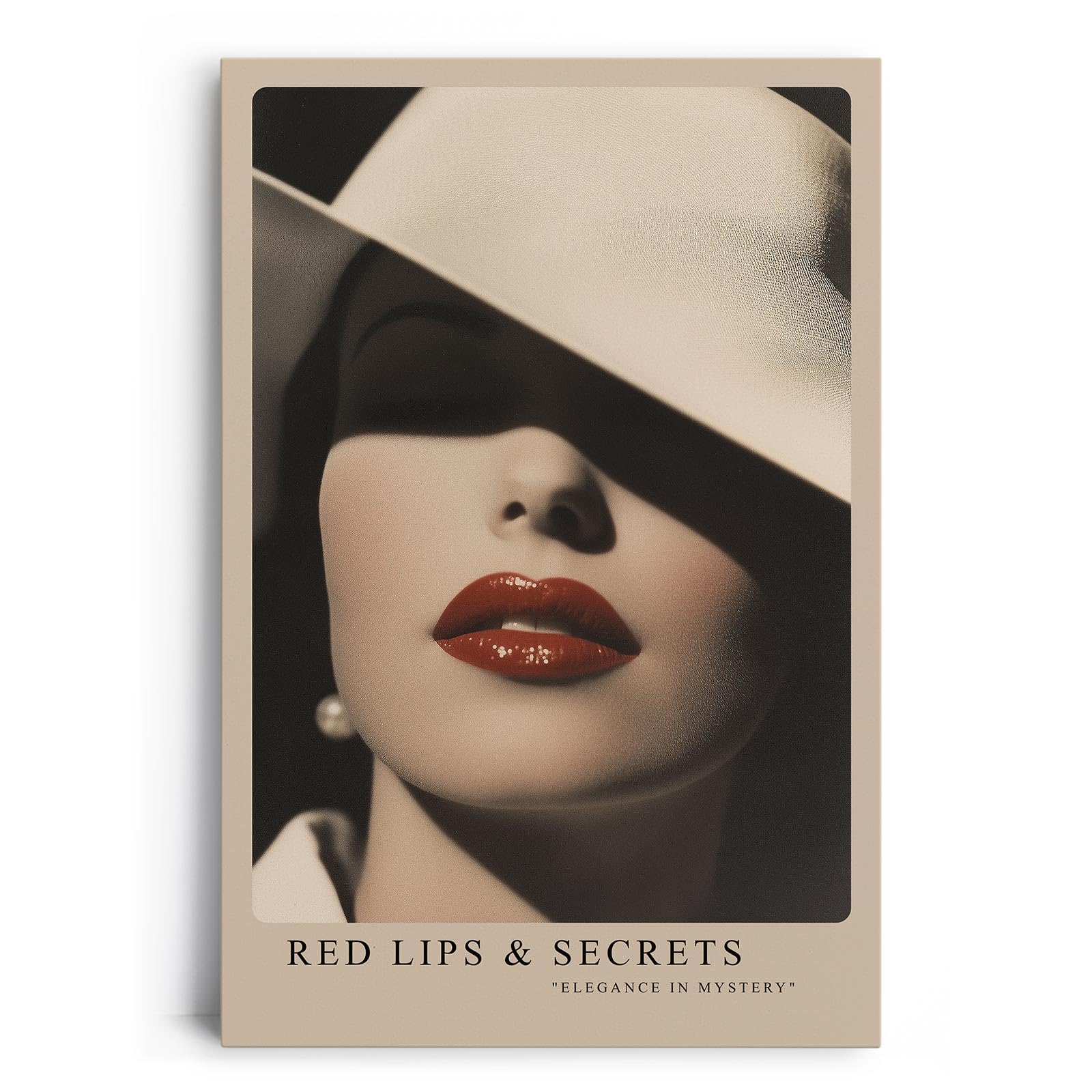 Paul Sinus Leinwandbild 60x90cm geheimnisvolle Frau mit rotem Lippenstift und elegantem Hut – stilvolles Leinwandbild mit zeitloser Ästhetik