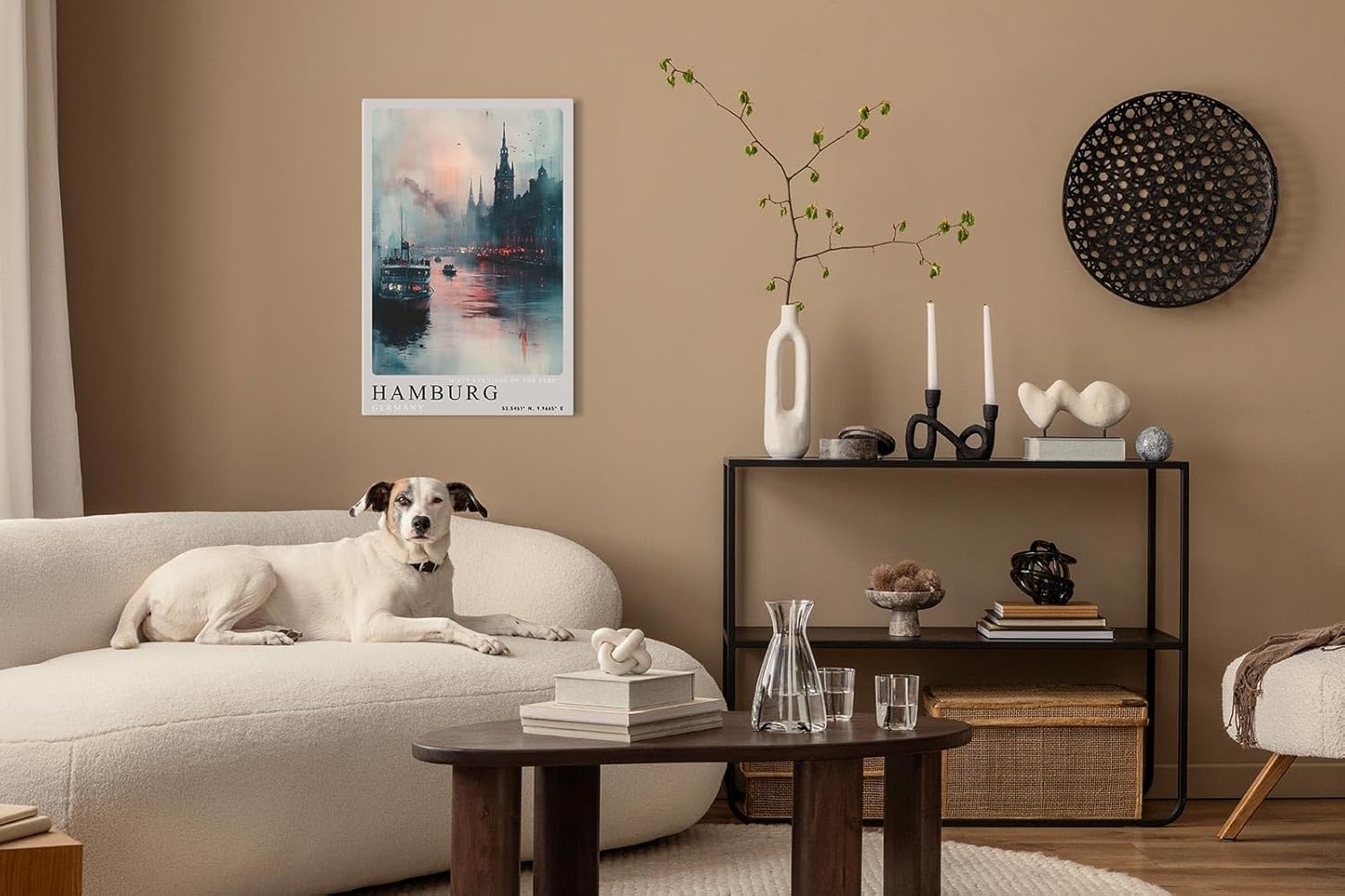 Paul Sinus Leinwandbild 80x120cm Hamburg Misty Evenings – Atmosphärische Hafenszene mit nebligem Elbufer, beleuchteten Gebäuden, Schiffe