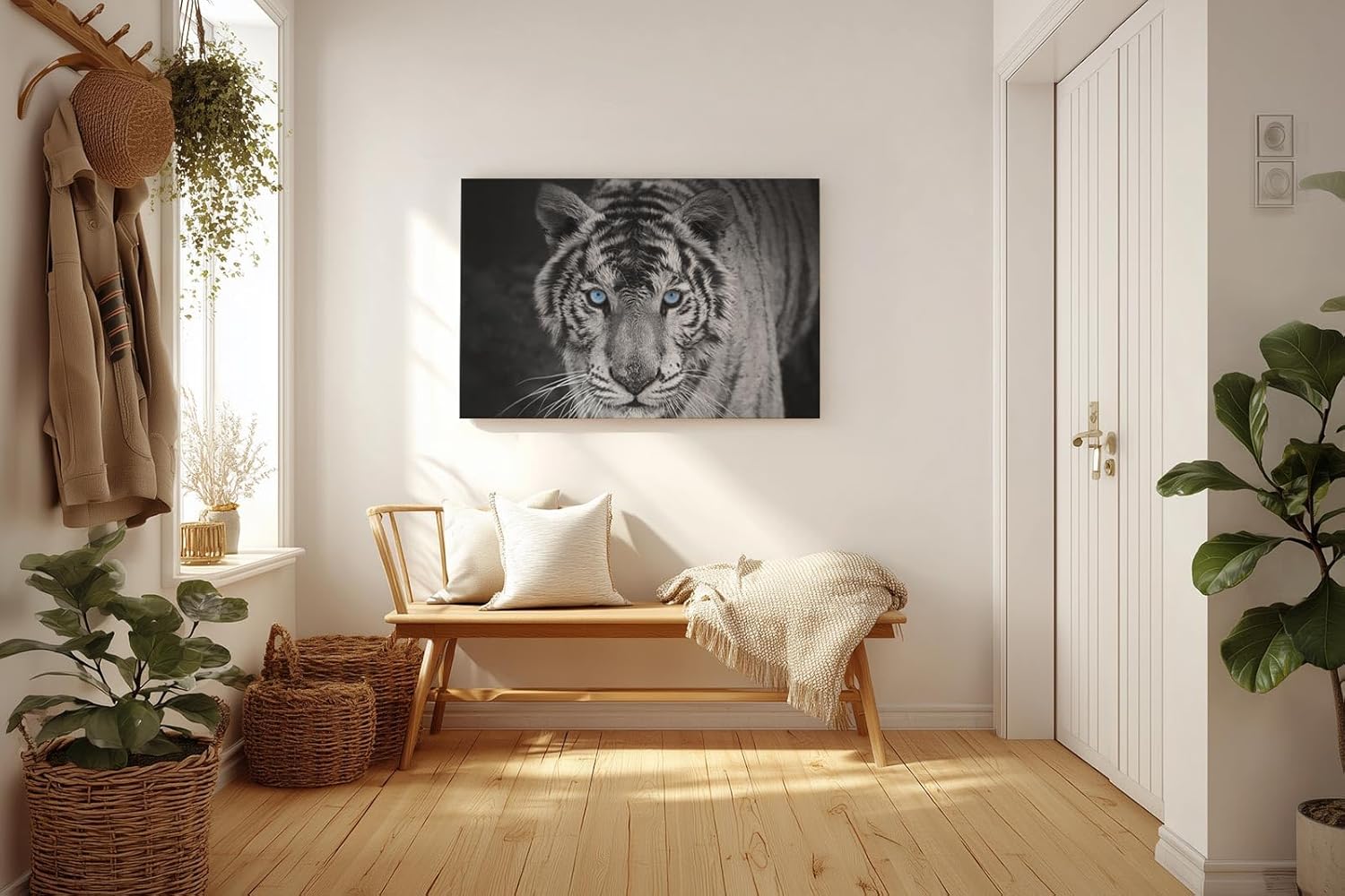 Sinus Art Wandbild 120x80cm Der intensive Blick des Tigers mit leuchtend blauen Augen schafft eine starke Präsenz