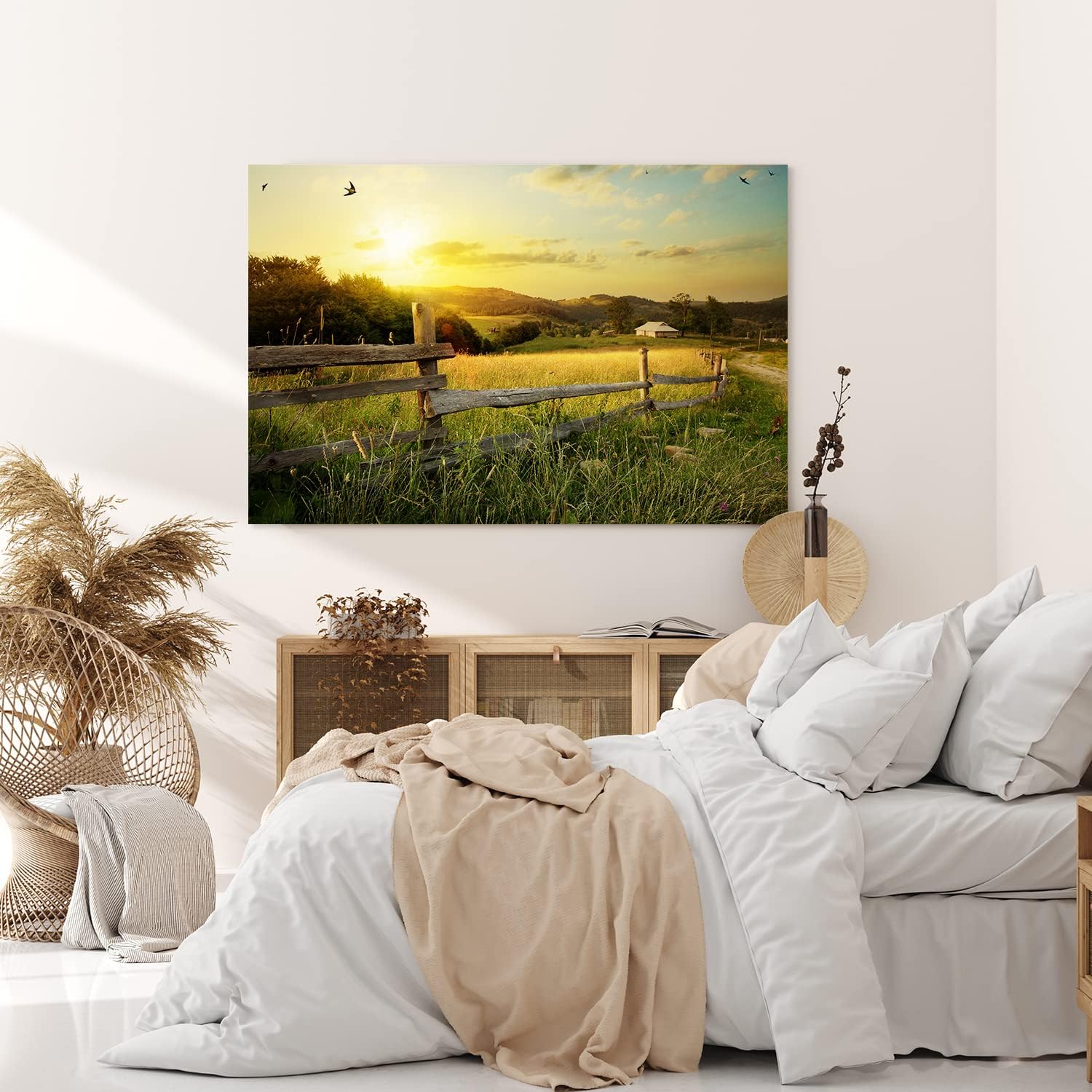 Paul Sinus Wandbild 120x80cm Landschaft Holzzaun Schwalben Sonnenuntergang Natur