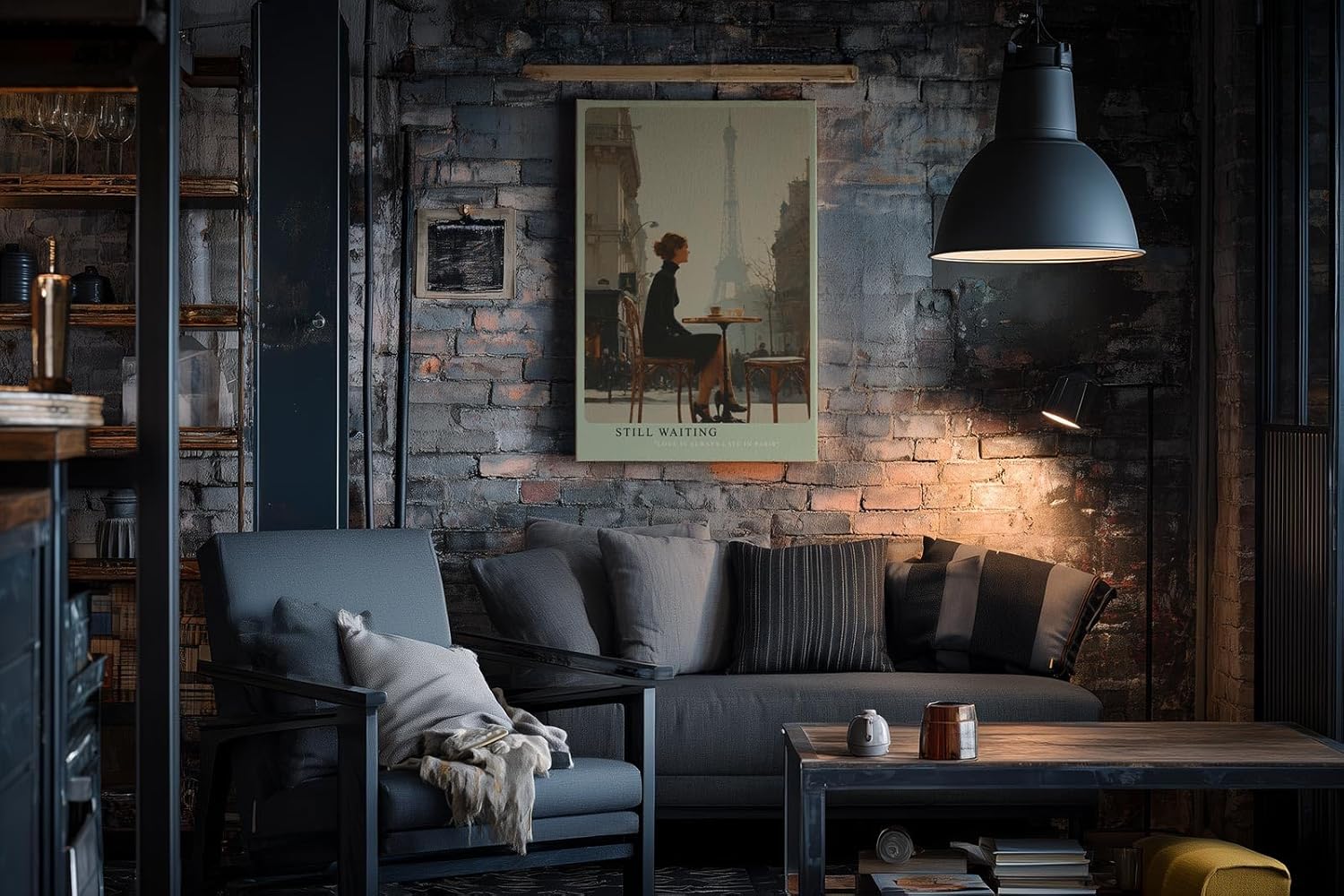 Paul Sinus Wandbild in 40x60cm Still Waiting – Romantische Szene einer Frau im schwarzen Kleid an einem Pariser Straßencafé mit Blick auf den Eiffelturm, moderne Bilder in warmen, weichen Farbtönen