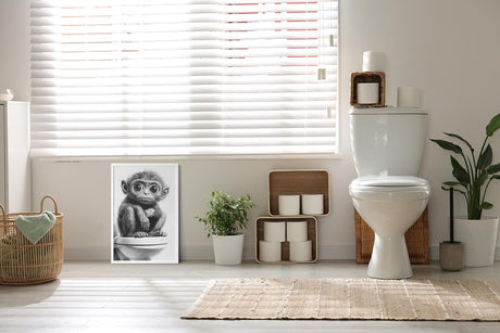 Paul Sinus Poster/Leinwandbild/Rahmenoption – Nachdenklicher Affe auf Toilette – Lustige WC-Deko für dein Badezimmer
