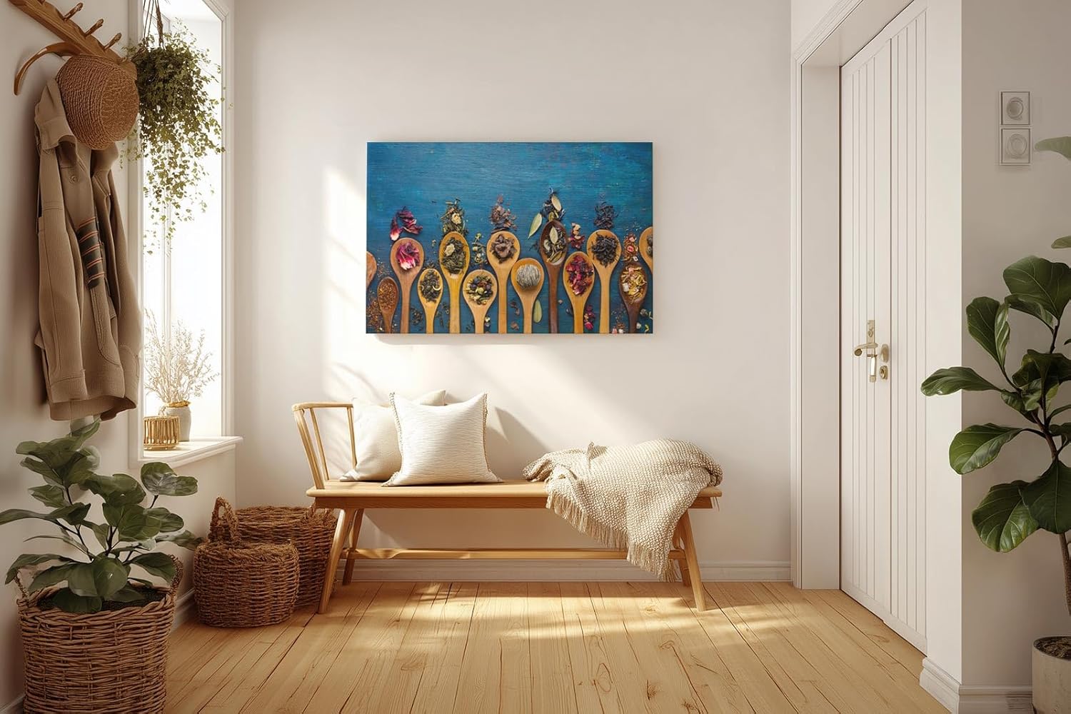 Sinus Art Wandbild 120x80cm Bunte Gewürze auf Holzlöffeln vor rustikalem Hintergrund – kulinarisch und stilvoll