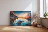 Sinus Art Wandbild 120x80cm Faszinierendes Bergpanorama mit Spiegelung im klaren Wasser bei untergehender Sonne