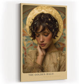 Paul Sinus Wandbild in 40x60cm The Golden Halo – Elegantes Porträt einer jungen Frau mit goldenem Heiligenschein in sanften, warmen Farbtönen für stilvolle Raumgestaltung