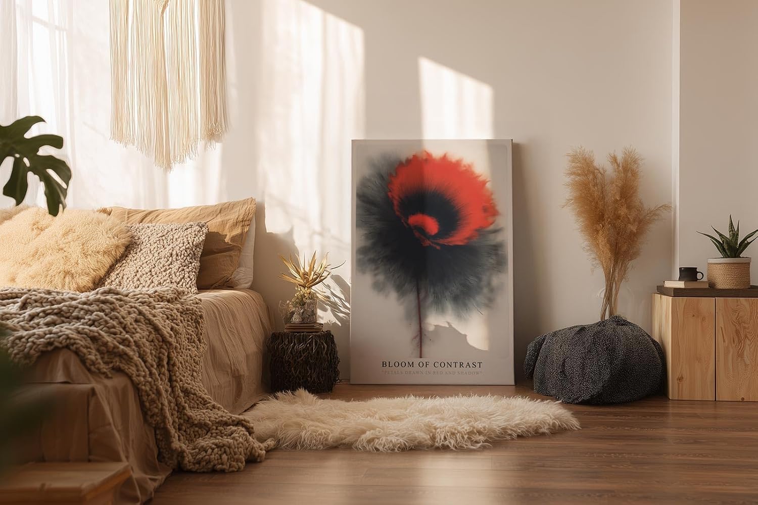 Paul Sinus Wandbild in 40x60cm Bloom of Contrast in Rot und Schwarz – Abstrakte Blüte mit intensiver Farbdynamik und künstlerischem Ausdruck