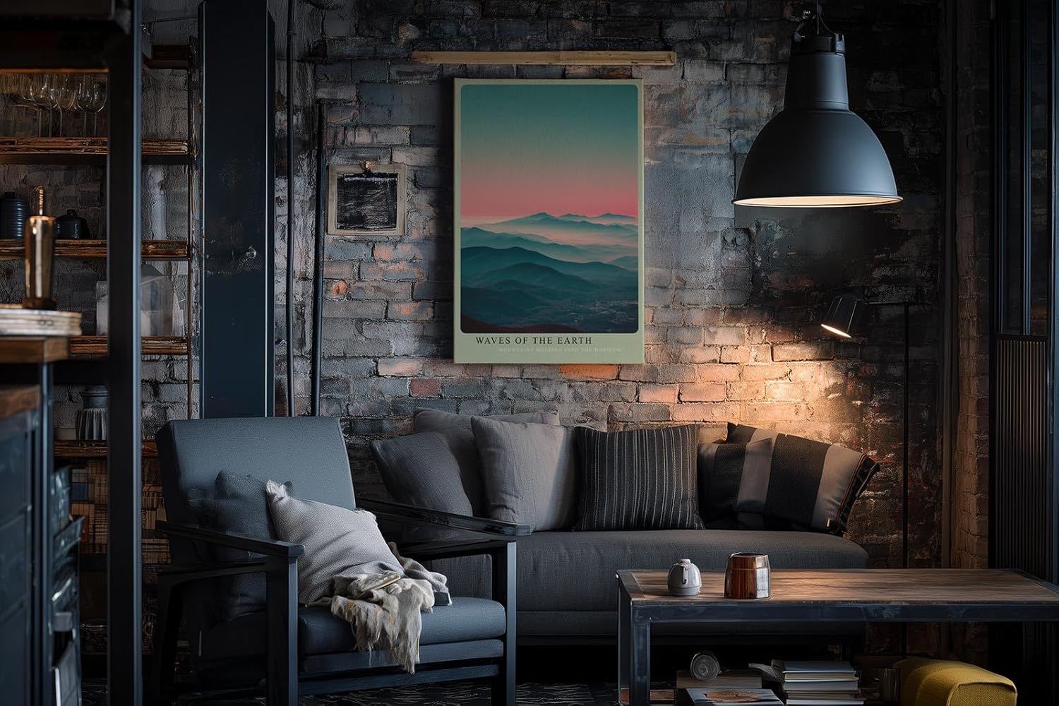 Paul Sinus Wandbild in 40x60cm Waves of the Earth mit wellenförmiger Berglandschaft im Dunst für beruhigende Wandgestaltung