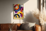Paul Sinus Wandbild in 40x60cm The Chromatic Orbit – Abstrakte Kreisformationen in kräftigem Orange, Blau, Violett, Rot und Schwarz mit dynamischen Farbspritzern