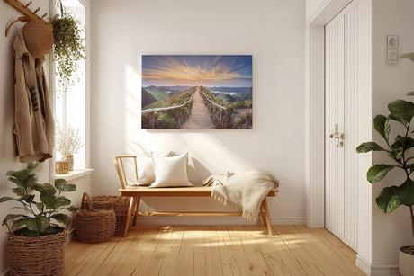 Sinus Art Wandbild 120x80cm Panoramaweg mit Geländer auf Höhenzug im goldenen Abendlicht für weite Raumwirkung