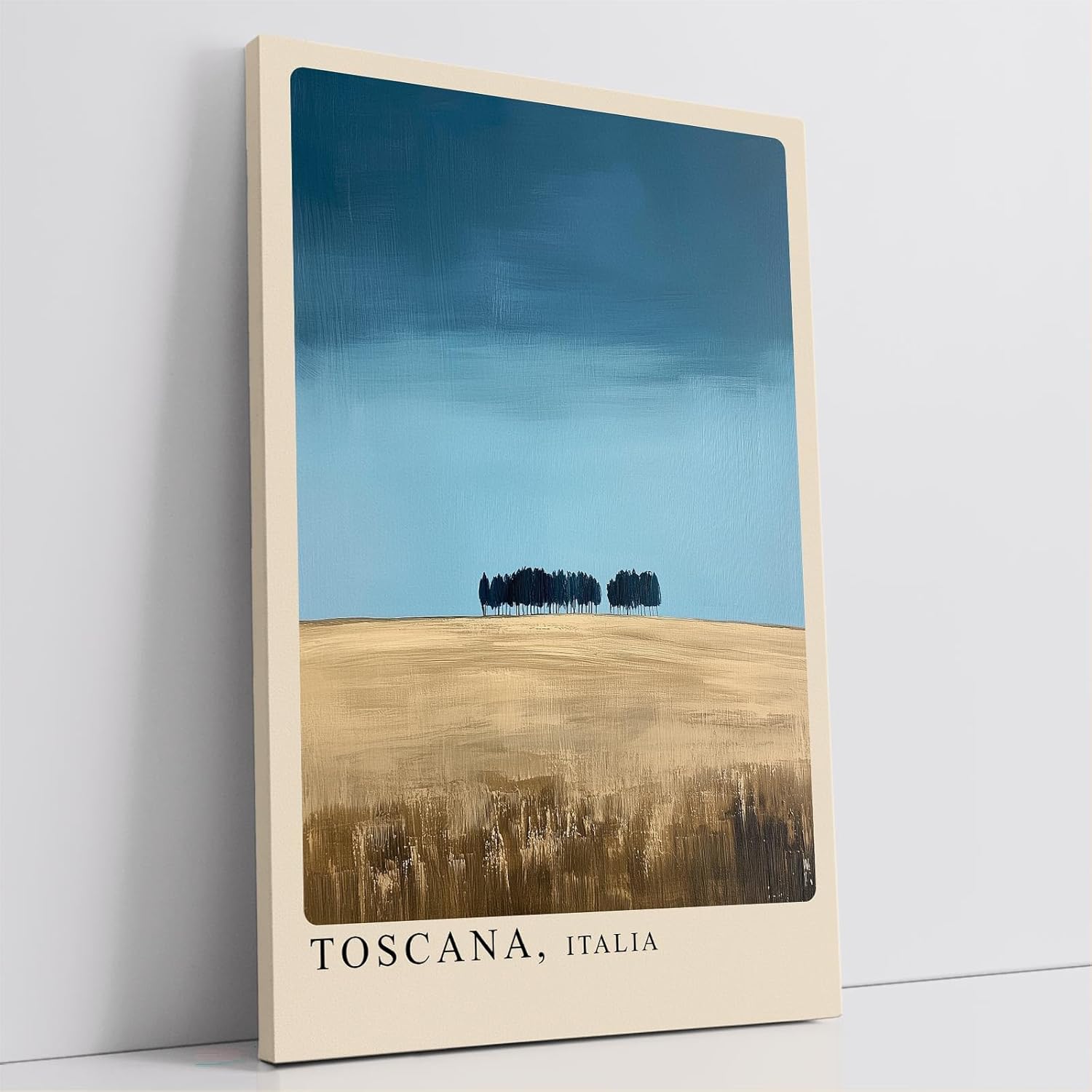 Paul Sinus Leinwandbild 80x120cm Toscana Minimalismus – Weite Landschaft mit sanften Feldern und charakteristischer Baumreihe unter klarem Himmel