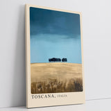 Paul Sinus Leinwandbild 80x120cm Toscana Minimalismus – Weite Landschaft mit sanften Feldern und charakteristischer Baumreihe unter klarem Himmel