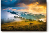 Sinus Art Wandbild 120x80cm Faszinierende Gebirgsszene im Nebel mit dramatischem Sonnenlicht für eindrucksvolle Raumwirkung