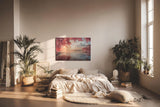 Sinus Art Wandbild 120x80cm Blick auf schneebedeckten Fuji hinter rosa Blüten über stillem Wasser