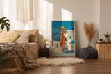 Paul Sinus Wandbild in 40x60cm A Day in Santorini – Frau in orangefarbenem Kleid mit Strohhut vor blau-weißen Kuppeln, sonnige Mittelmeerstimmung