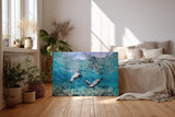Sinus Art Wandbild 120x80cm Faszinierende Szene mit schwimmenden Seelöwen in Bewegung in türkisblauer Umgebung