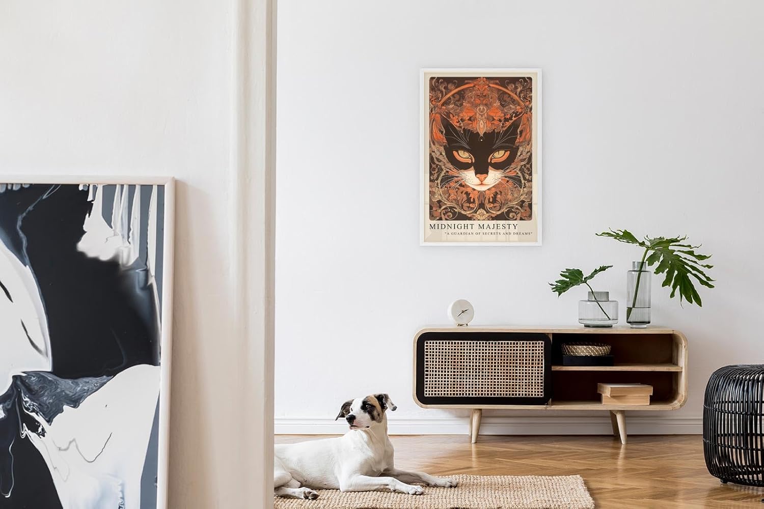 Paul Sinus Leinwandbild 40x60cm geheimnisvolle Katzenillustration mit kunstvollen Ornamenten in warmen Erdtönen, magische Wandkunst