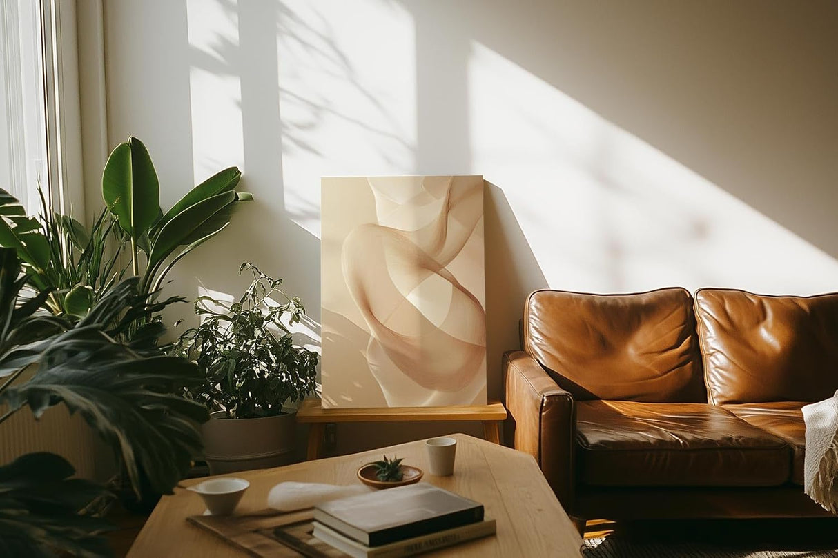 Paul Sinus 60x90cm Wandbild, Faszinierende Leichtigkeit in Fokuswellen – abstrakte Eleganz in warmen Beigetönen