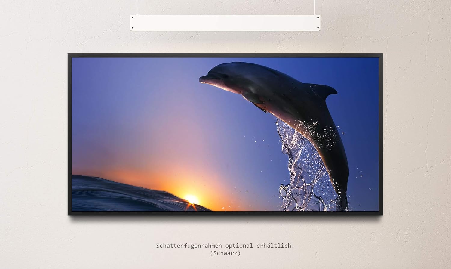 Delfin im Meer mit Wellen ca. 130x70cm Wandbild inklusive Schattenfugenrahmen schwarz - Panorama Leinwand Bild XXL Format Wandbilder Wohnzimmer Wohnung Deko Kunstdrucke
