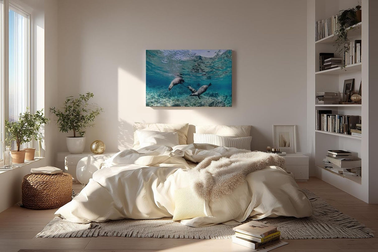 Sinus Art Wandbild 120x80cm Faszinierende Szene mit schwimmenden Seelöwen in Bewegung in türkisblauer Umgebung