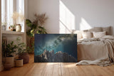 Sinus Art Wandbild 120x80cm Atemberaubendes Motiv mit Felsmassiv und galaktischem Lichtband über dunklem Himmel