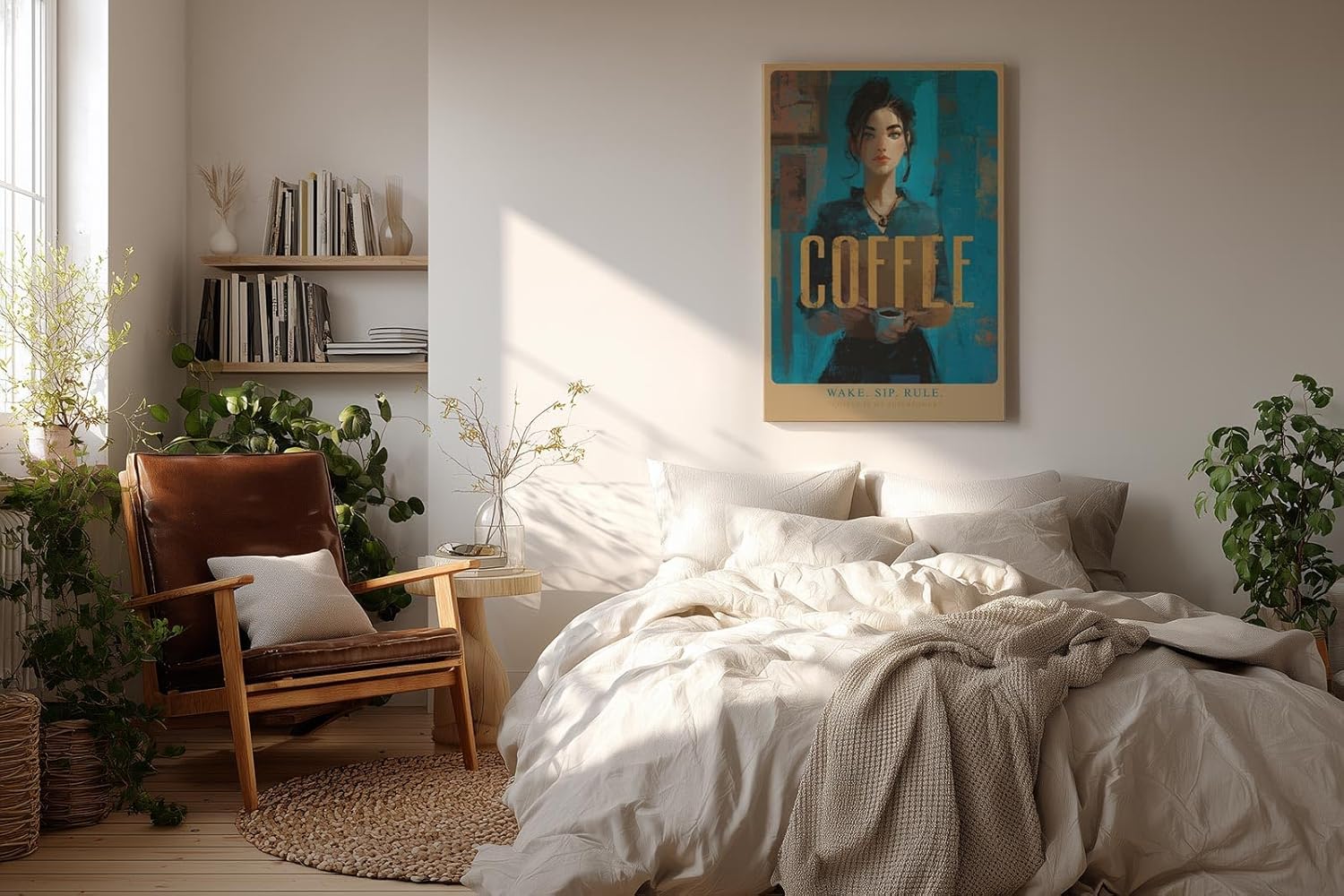 Paul Sinus Wandbild in 40x60cm Wake. Sip. Rule. – modernes Coffee-Art-Porträt in kräftigen Blautönen mit goldener Schrift