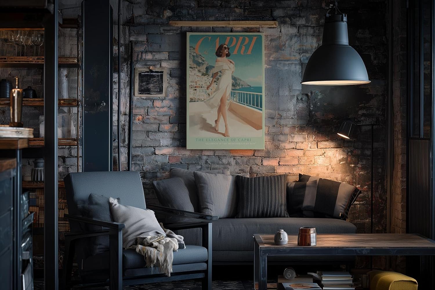 Paul Sinus Wandbild in 40x60cm Capri Küstenidylle mit eleganter Frau im weißen Kleid mediterrane Kunst auf Leinwand