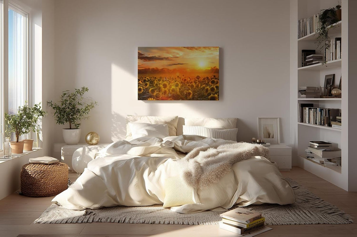 Sinus Art Wandbild 120x80cm Feld voller Sonnenblumen im goldenen Licht eines spektakulären Sonnenuntergangs
