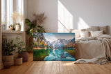 Sinus Art Wandbild 120x80cm Bunt gefärbte Herbstbäume spiegeln sich im ruhigen Bergsee vor alpiner Kulisse