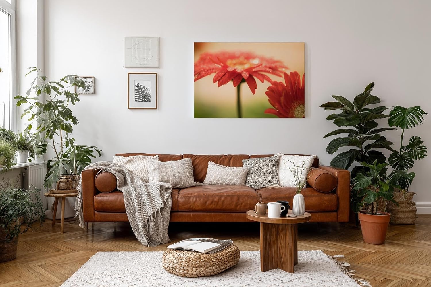 Sinus Art Wandbild 120x80cm Emotionale Nahaufnahme einer roten Gerbera mit schimmernden Tautropfen auf den Blütenblättern