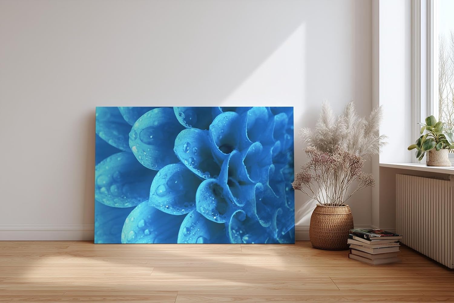 Sinus Art Wandbild 120x80cm Die Tropfen auf der blauen Blüte bringen Frische, Eleganz und Tiefe in den Raum