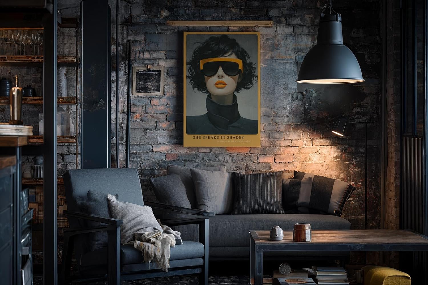 Paul Sinus Wandbild in 40x60cm She Speaks in Shades – modernes Porträt einer Frau mit gelber Sonnenbrille und Lippenstift, Fashion-Art in ausdrucksstarkem Stil