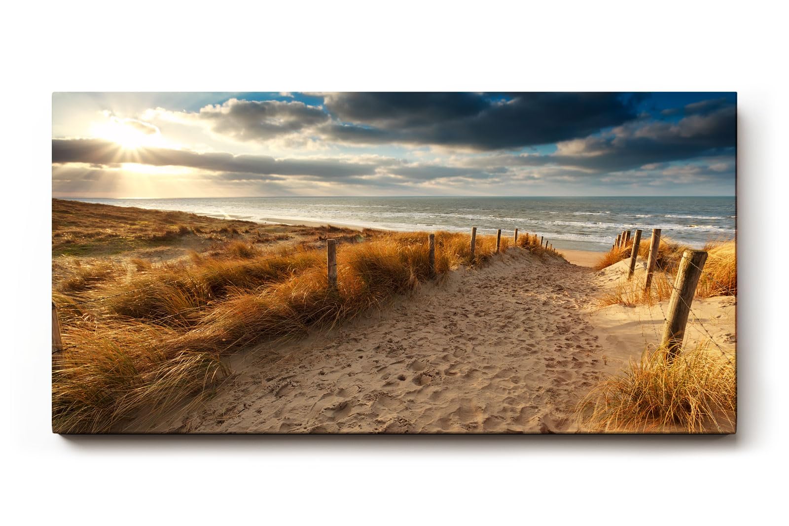 Sinus Art Wandbild 120x80cm Sandweg durch Dünen in goldener Abendstimmung für entspannte Raumwirkung