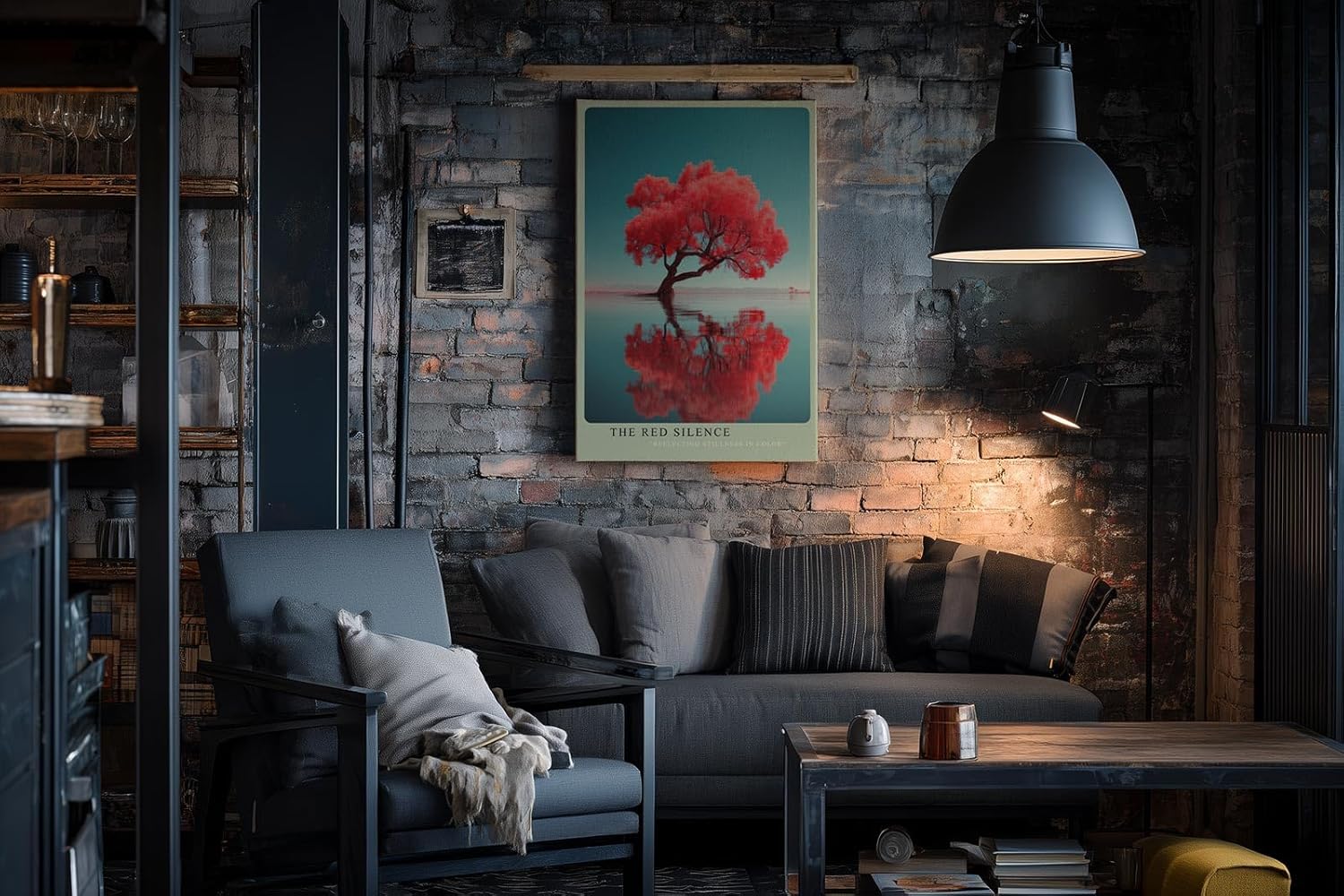 Paul Sinus Wandbild in 40x60cm The Red Silence – leuchtend roter Baum im Wasser mit Spiegelung, moderne Naturfotokunst