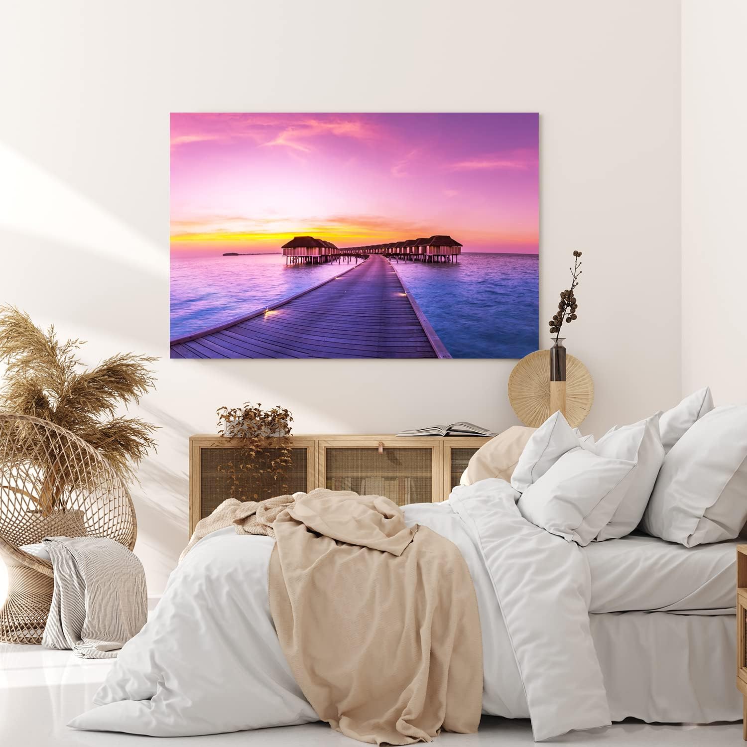 Paul Sinus Wandbild 120x80cm Malediven Meer Holzsteg Sonnenuntergang Bungalows