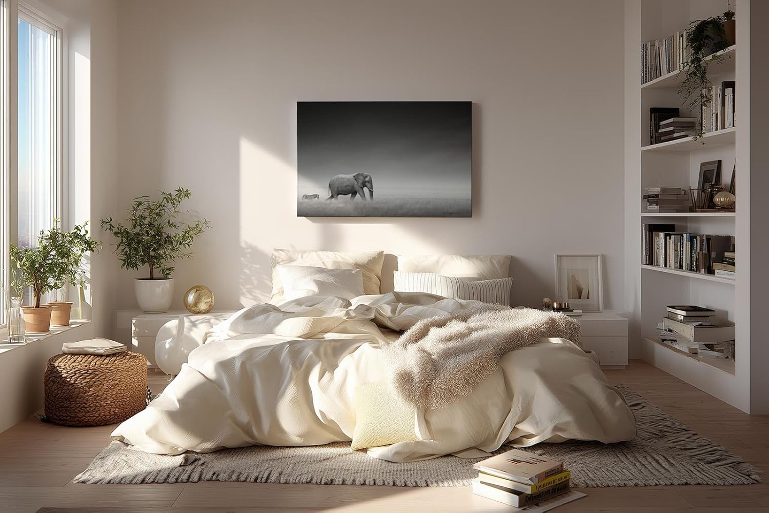 Sinus Art Wandbild 120x80cm Stimmungsvolle Szene mit Elefant und Zebra in weiter Graslandschaft als Symbol für Harmonie