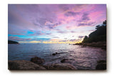 Sinus Art Wandbild 120x80cm Dramatisch ruhige Szene einer felsigen Küste bei Sonnenuntergang in pastelligen Tönen